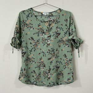 PERSAYA Floral Blouse L Cottagecore Peasant Green Peach Ruffle Side Slits